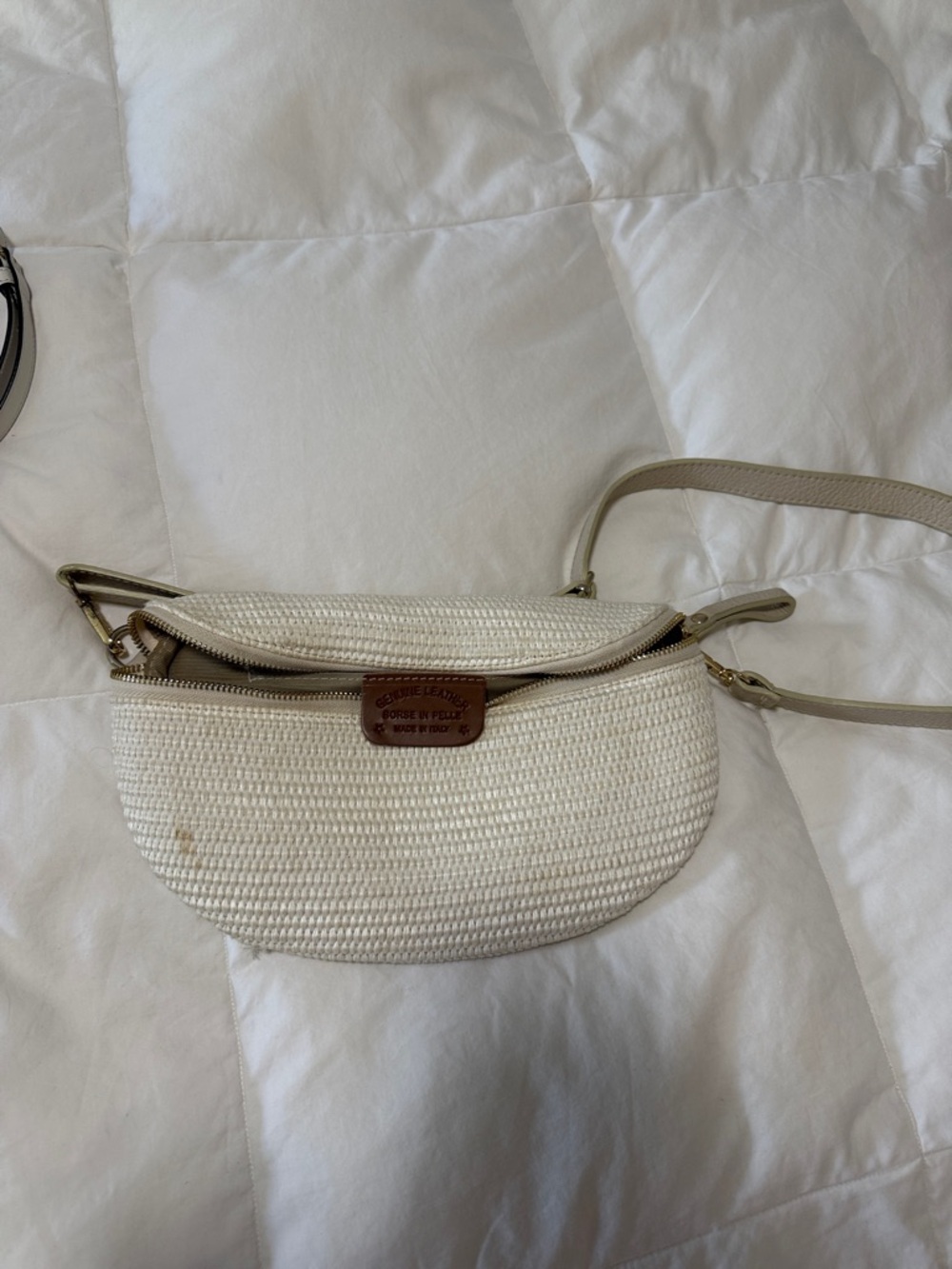 Cream Woven Crossbody Bag with Leather Logo Patch